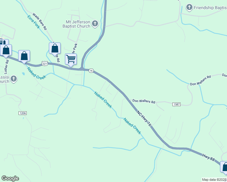 map of restaurants, bars, coffee shops, grocery stores, and more near 412 North Carolina 16 in Jefferson