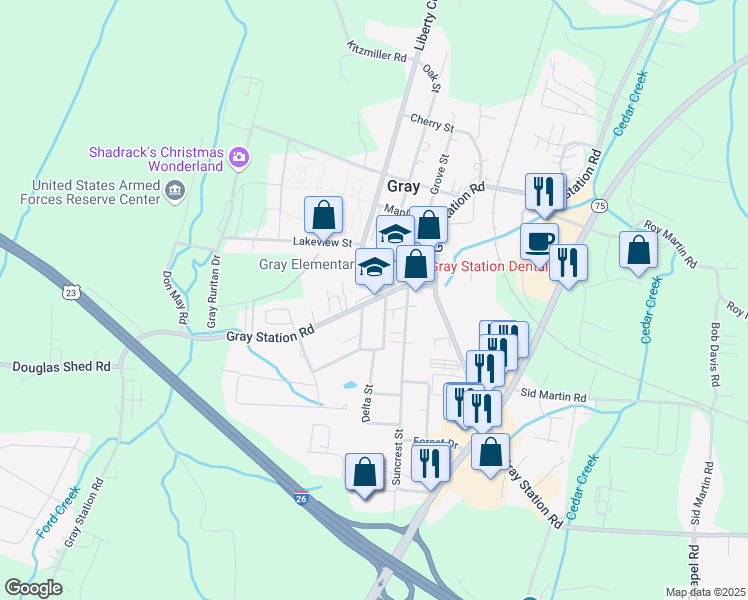 map of restaurants, bars, coffee shops, grocery stores, and more near 755 Gray Station Road in Gray