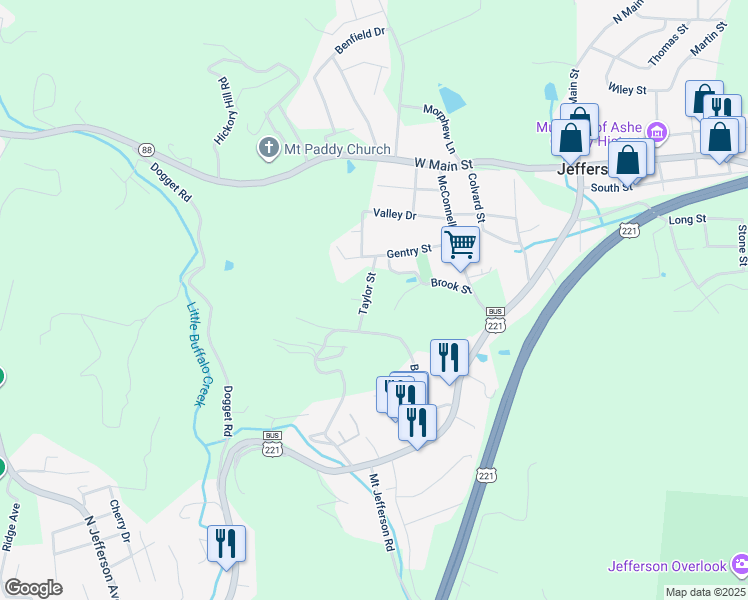 map of restaurants, bars, coffee shops, grocery stores, and more near 145 Taylor Street in Jefferson
