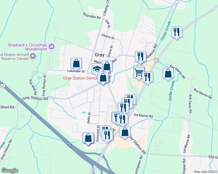 map of restaurants, bars, coffee shops, grocery stores, and more near Gray Station Road in Gray