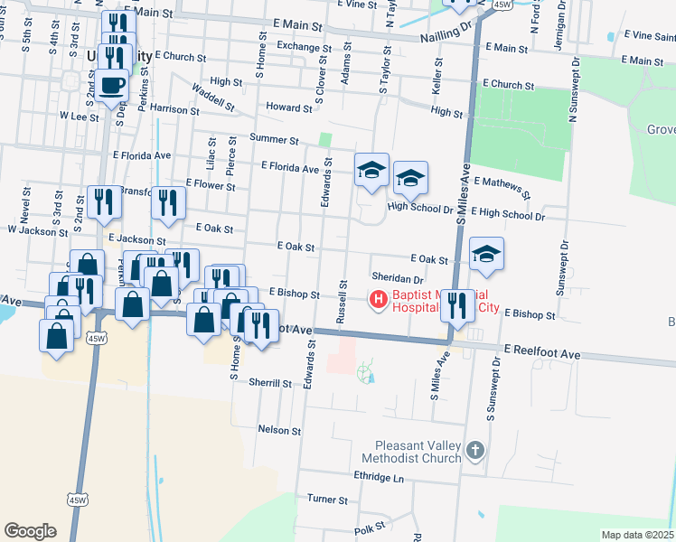map of restaurants, bars, coffee shops, grocery stores, and more near 1116 Russell Street in Union City