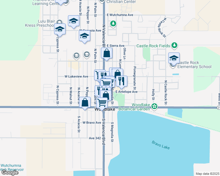 map of restaurants, bars, coffee shops, grocery stores, and more near 145 East Antelope Avenue in Woodlake
