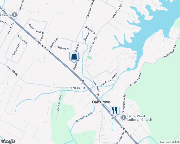 map of restaurants, bars, coffee shops, grocery stores, and more near 378 Oak Grove Road in Gray