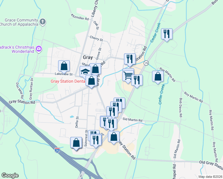 map of restaurants, bars, coffee shops, grocery stores, and more near 149 Old Gray Station Road in Gray