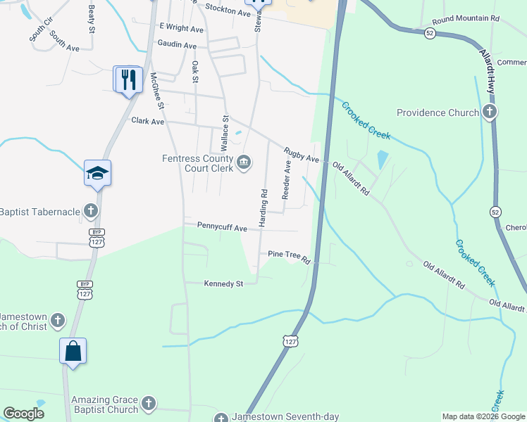 map of restaurants, bars, coffee shops, grocery stores, and more near 510 Doss Street in Jamestown