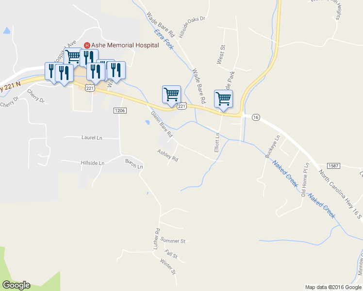 map of restaurants, bars, coffee shops, grocery stores, and more near 309 Glenn Bare Road in Jefferson