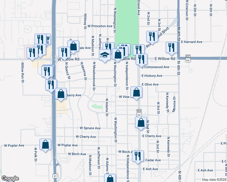 map of restaurants, bars, coffee shops, grocery stores, and more near 1813 North Adams Street in Enid