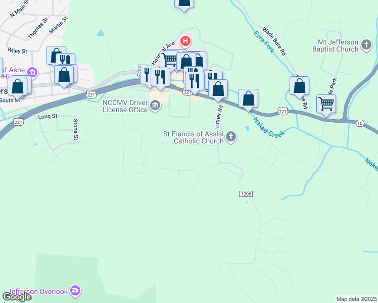 map of restaurants, bars, coffee shops, grocery stores, and more near 153 Laurel Lane in Jefferson