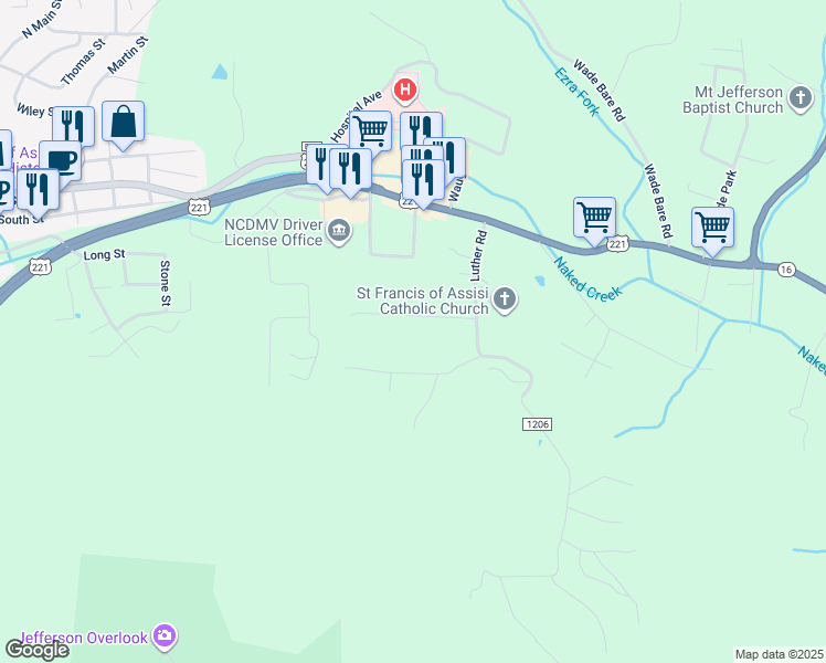 map of restaurants, bars, coffee shops, grocery stores, and more near 153 Laurel Lane in Jefferson