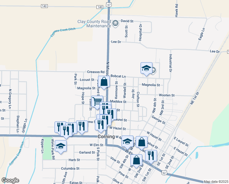 map of restaurants, bars, coffee shops, grocery stores, and more near 512 Kenmore Street in Corning