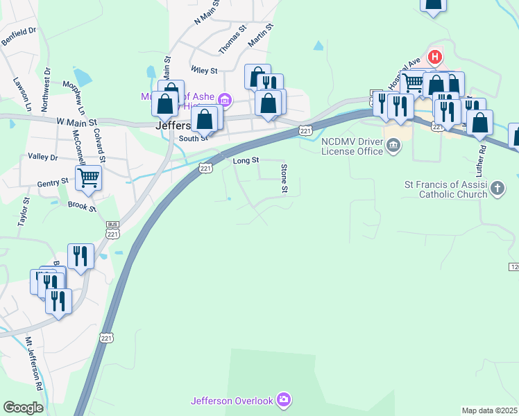 map of restaurants, bars, coffee shops, grocery stores, and more near 413 Academy Street in Jefferson