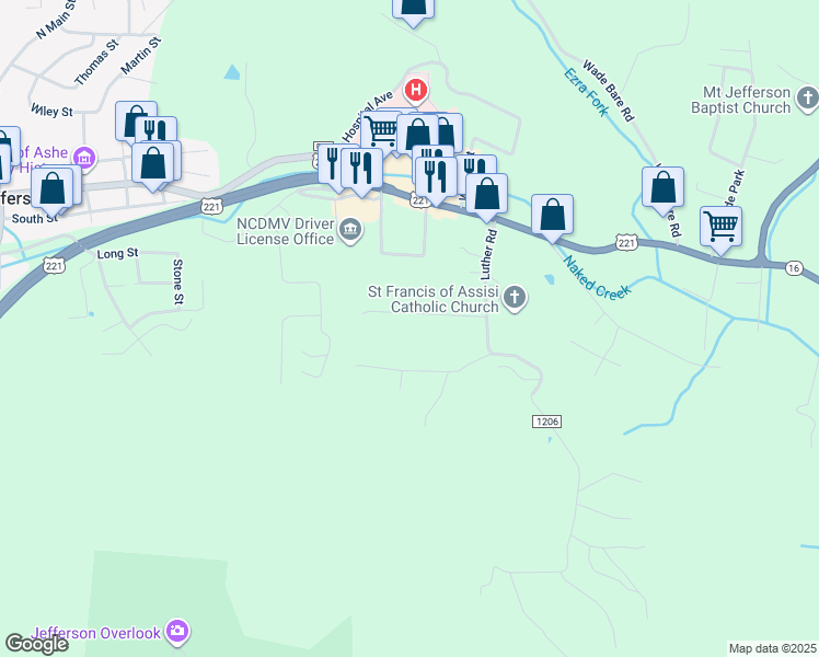 map of restaurants, bars, coffee shops, grocery stores, and more near 165 Laurel Lane in Jefferson