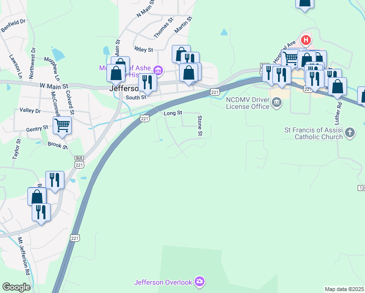 map of restaurants, bars, coffee shops, grocery stores, and more near 413 Academy Street in Jefferson