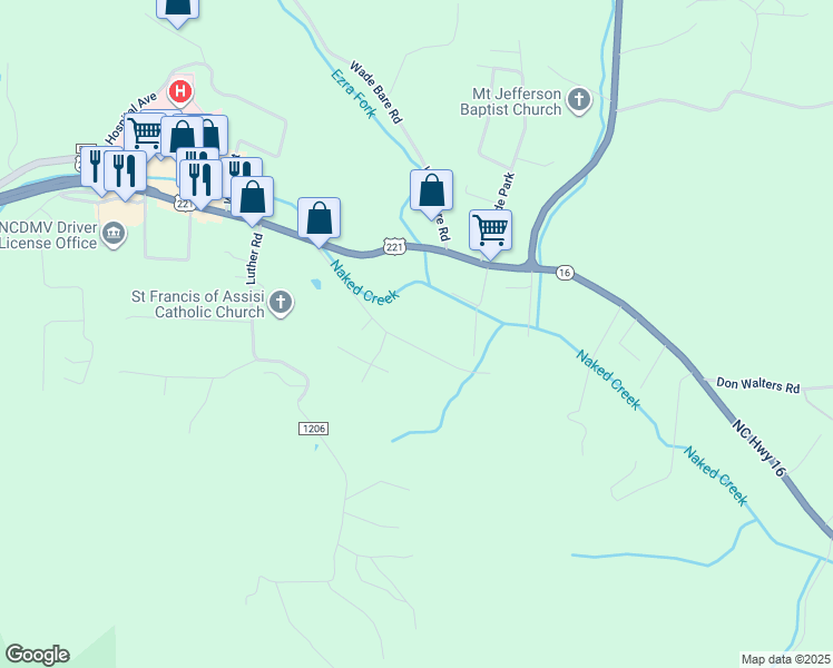 map of restaurants, bars, coffee shops, grocery stores, and more near 411 Glenn Bare Road in Jefferson