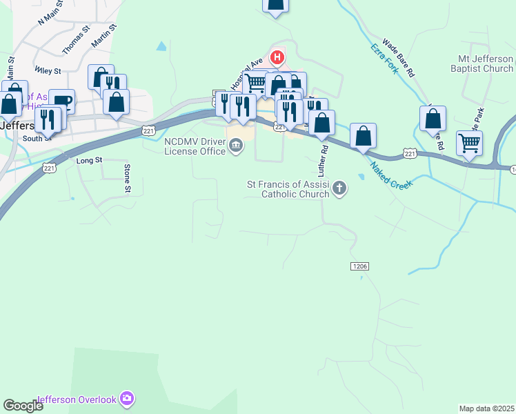 map of restaurants, bars, coffee shops, grocery stores, and more near 231 Laurel Lane in Jefferson