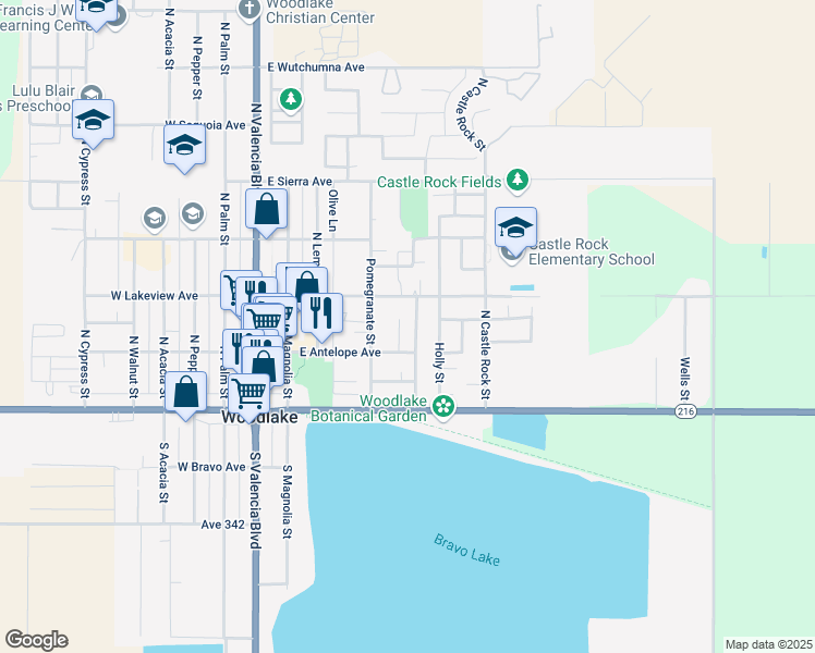 map of restaurants, bars, coffee shops, grocery stores, and more near 270 North Manzanillo Street in Woodlake