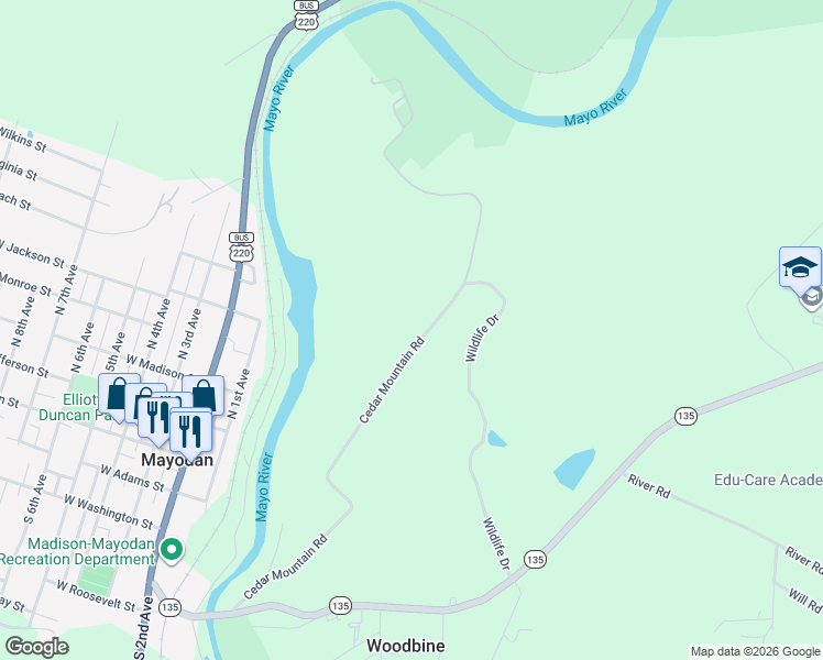 map of restaurants, bars, coffee shops, grocery stores, and more near 542 Cedar Mountain Road in Mayodan