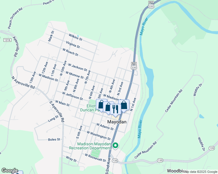 map of restaurants, bars, coffee shops, grocery stores, and more near 404 North 4th Avenue in Mayodan