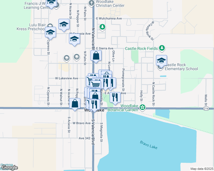 map of restaurants, bars, coffee shops, grocery stores, and more near 250 East Antelope Avenue in Woodlake