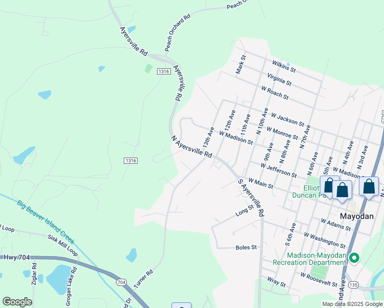 map of restaurants, bars, coffee shops, grocery stores, and more near 406 North Ayersville Road in Mayodan