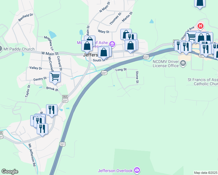 map of restaurants, bars, coffee shops, grocery stores, and more near 186 Trinity Lane in Jefferson