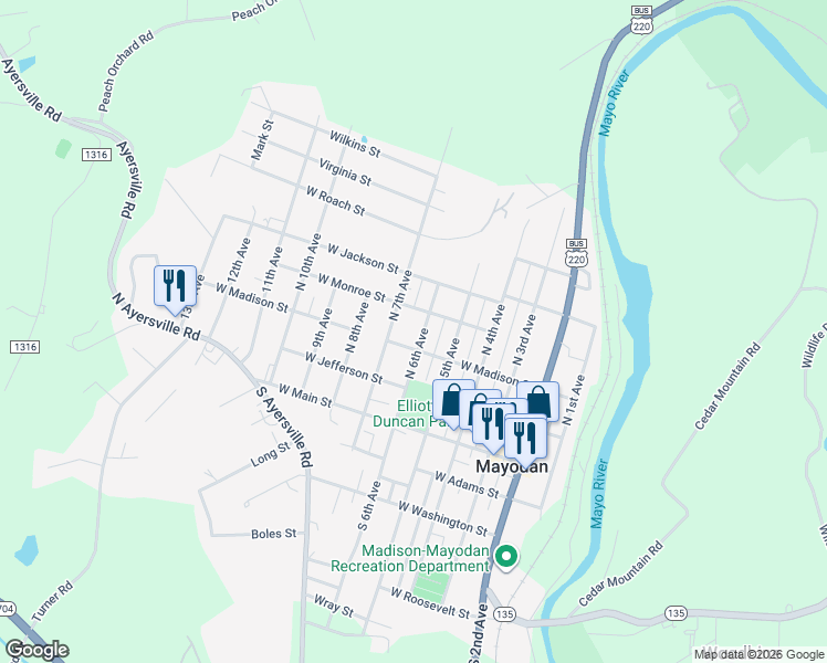 map of restaurants, bars, coffee shops, grocery stores, and more near 311 North 7th Avenue in Mayodan
