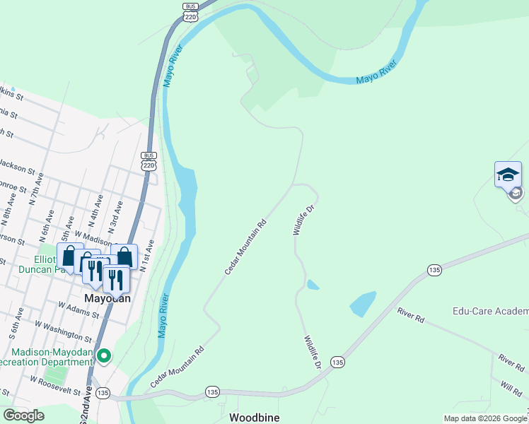 map of restaurants, bars, coffee shops, grocery stores, and more near 542 Cedar Mountain Road in Mayodan