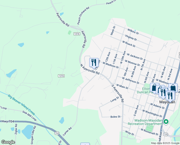 map of restaurants, bars, coffee shops, grocery stores, and more near 406 North Ayersville Road in Mayodan