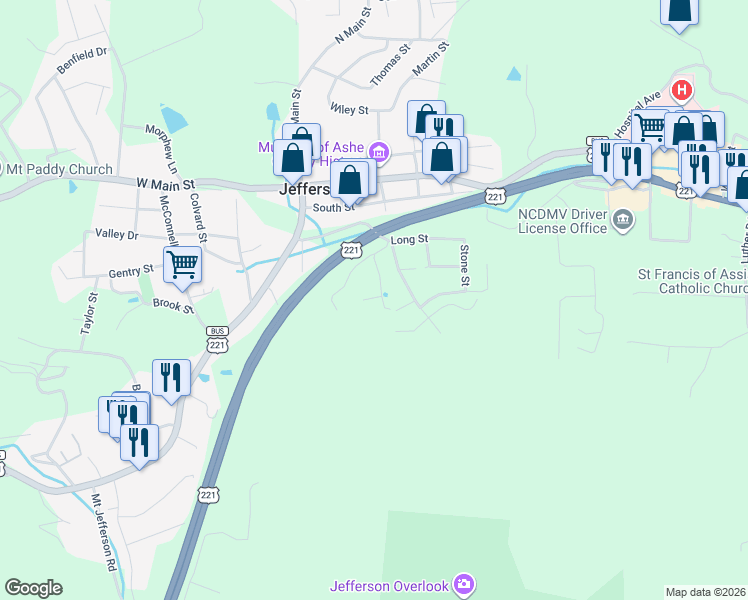 map of restaurants, bars, coffee shops, grocery stores, and more near 186 Trinity Lane in Jefferson