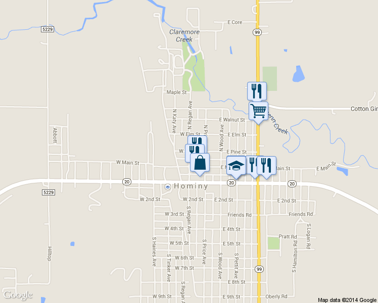 map of restaurants, bars, coffee shops, grocery stores, and more near 201 N Regan Ave in Hominy