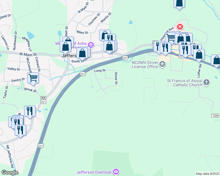 map of restaurants, bars, coffee shops, grocery stores, and more near 117 Mount Jefferson Lane in Jefferson