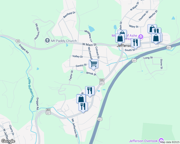 map of restaurants, bars, coffee shops, grocery stores, and more near 225 Brook Street in Jefferson