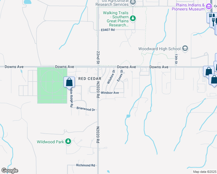 map of restaurants, bars, coffee shops, grocery stores, and more near 2917 Wilshire Street in Woodward