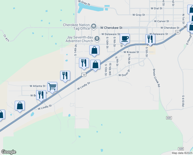 map of restaurants, bars, coffee shops, grocery stores, and more near 1075 West Lindly Street in Jay