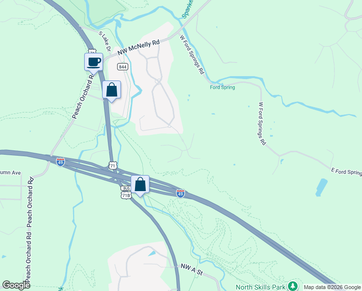 map of restaurants, bars, coffee shops, grocery stores, and more near 3408 Northwest Riverbend Road in Bentonville