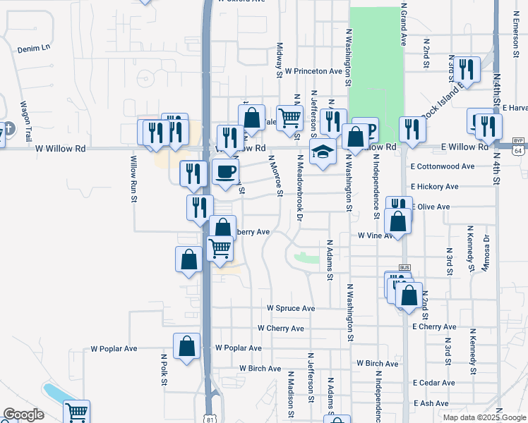 map of restaurants, bars, coffee shops, grocery stores, and more near 714 West Hickory Avenue in Enid
