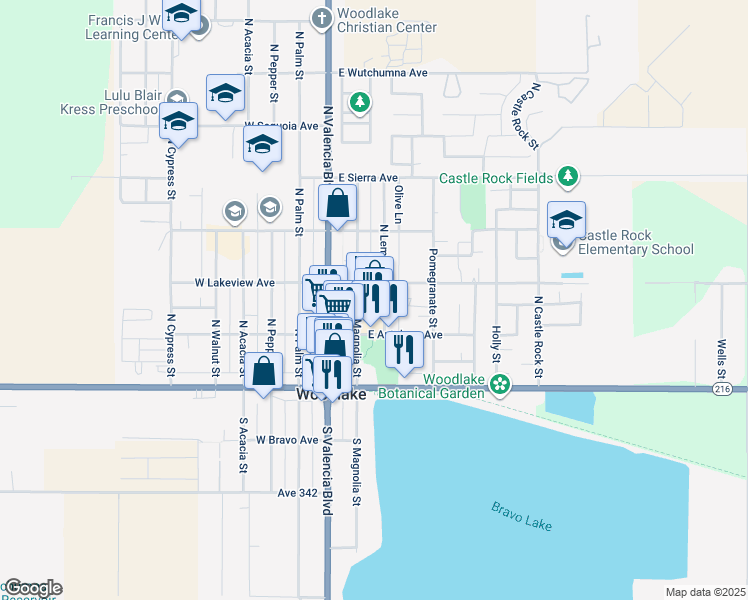 map of restaurants, bars, coffee shops, grocery stores, and more near 250 East Antelope Avenue in Woodlake