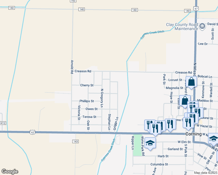 map of restaurants, bars, coffee shops, grocery stores, and more near 602 Stephan Lane in Corning