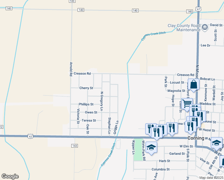 map of restaurants, bars, coffee shops, grocery stores, and more near 602 Stephan Lane in Corning