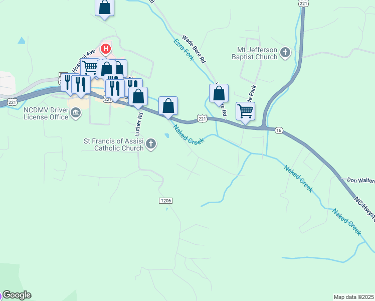 map of restaurants, bars, coffee shops, grocery stores, and more near 290 Glenn Bare Road in Jefferson