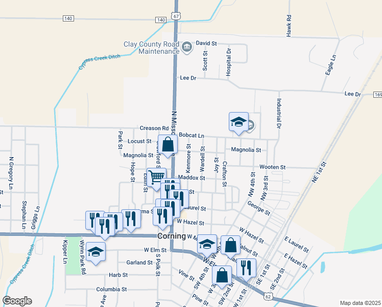 map of restaurants, bars, coffee shops, grocery stores, and more near 512 Kenmore Street in Corning