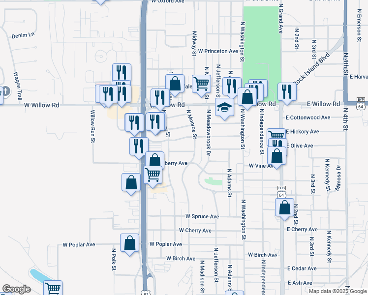 map of restaurants, bars, coffee shops, grocery stores, and more near 714 West Hickory Avenue in Enid