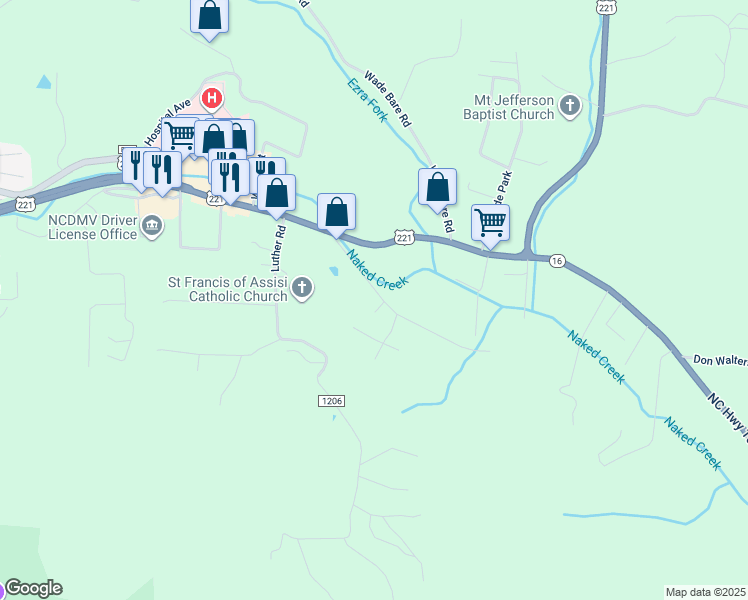 map of restaurants, bars, coffee shops, grocery stores, and more near 290 Glenn Bare Road in Jefferson