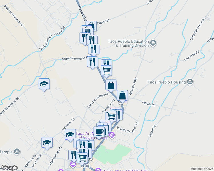 map of restaurants, bars, coffee shops, grocery stores, and more near Camino Del Paseo Pueblo Norte in Taos