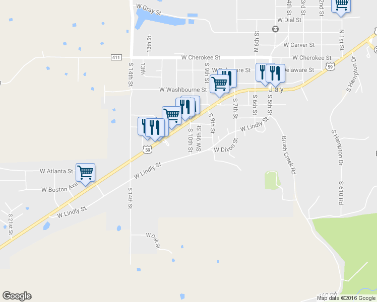 map of restaurants, bars, coffee shops, grocery stores, and more near 627 South 10th Street in Jay