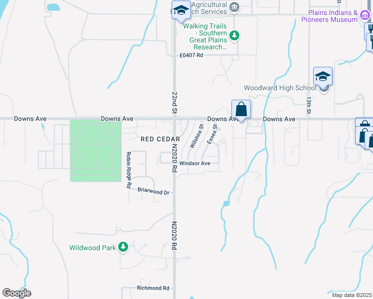 map of restaurants, bars, coffee shops, grocery stores, and more near 2917 Wilshire Street in Woodward