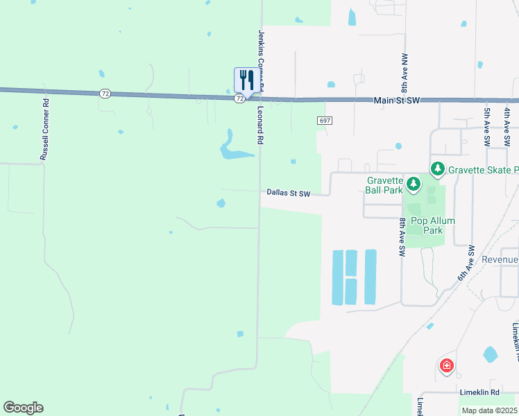 map of restaurants, bars, coffee shops, grocery stores, and more near County Road 30A in Gravette