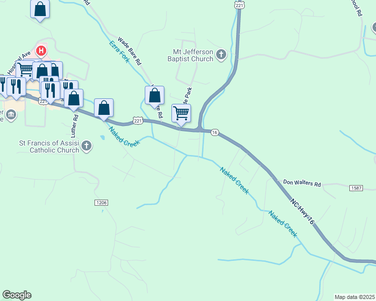 map of restaurants, bars, coffee shops, grocery stores, and more near Vannoy Construction Road in Jefferson