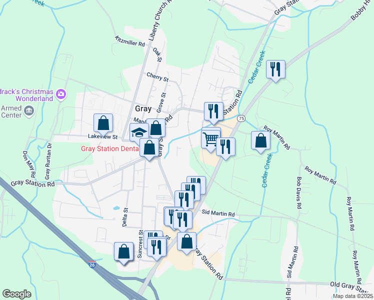 map of restaurants, bars, coffee shops, grocery stores, and more near 132 Maple Court in Gray