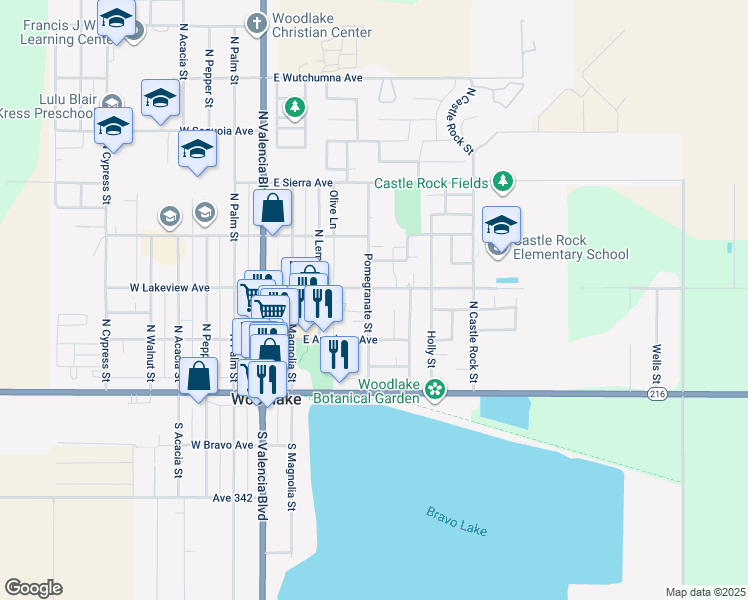map of restaurants, bars, coffee shops, grocery stores, and more near 256 Pomegranate Street in Woodlake